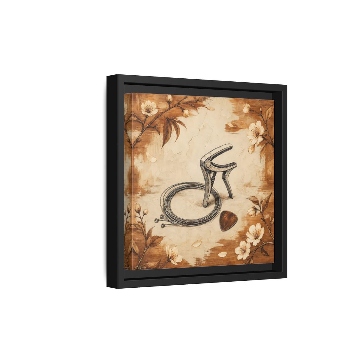 Side Mockup 21. Vintage Guitar Capo & Pick shown as framed canvas print