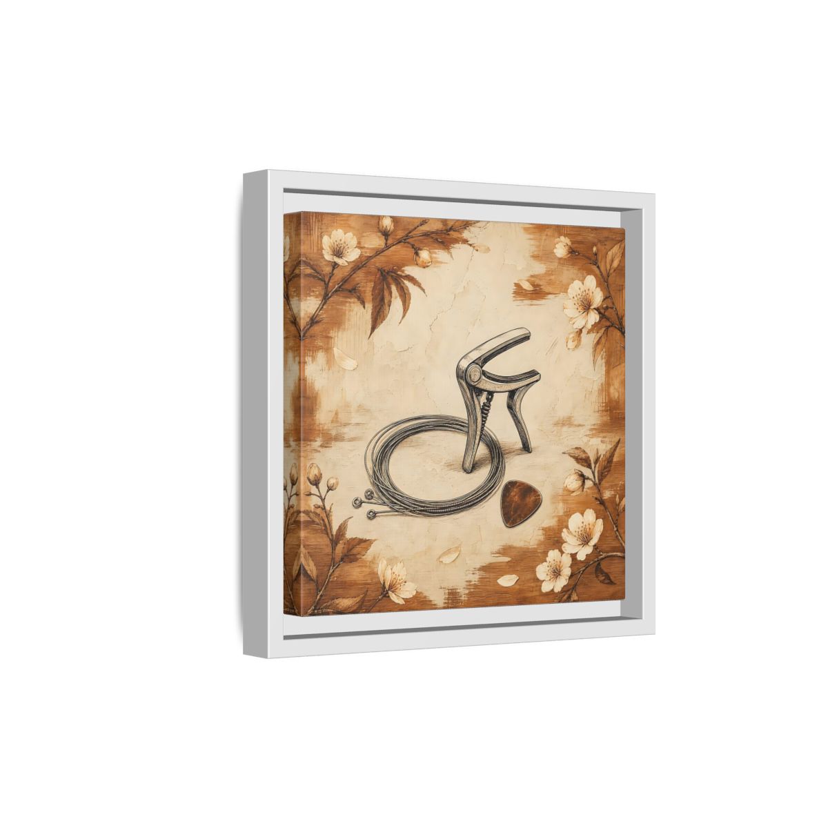 Side Mockup 19. Vintage Guitar Capo & Pick shown as framed canvas print