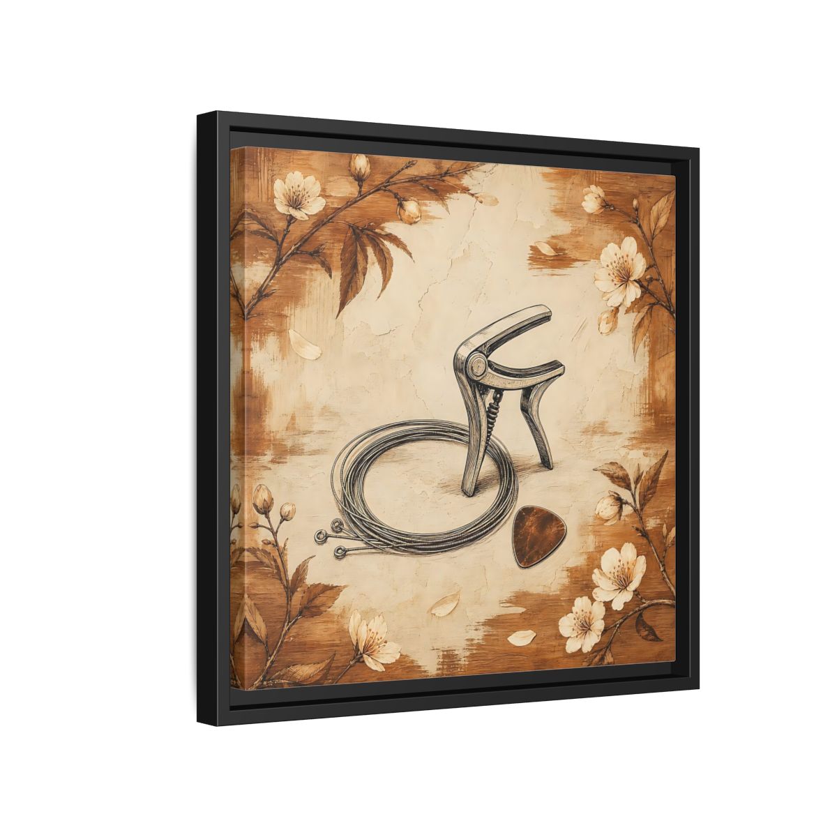 Side Mockup 15. Vintage Guitar Capo & Pick shown as framed canvas print