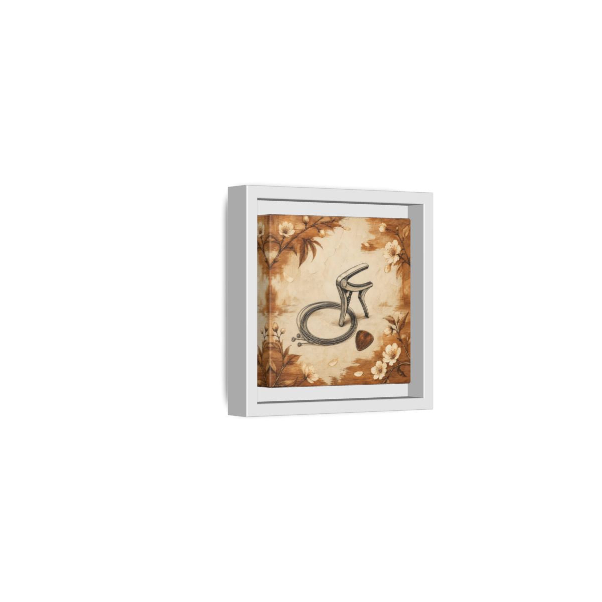Side Mockup 22. Vintage Guitar Capo & Pick shown as framed canvas print