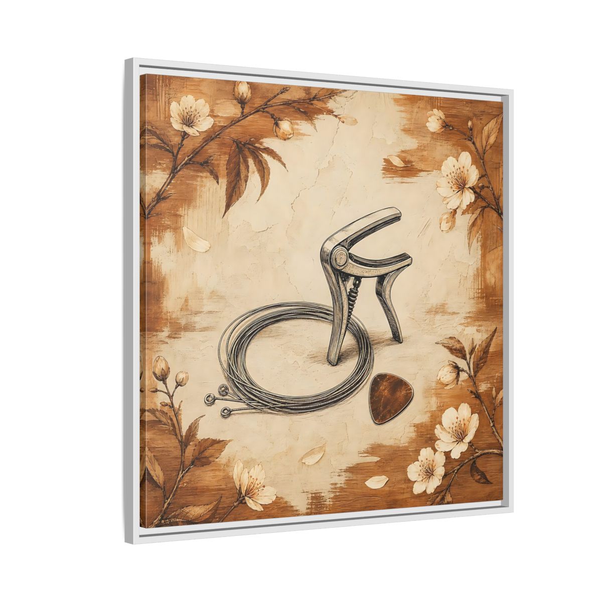Side Mockup 7. Vintage Guitar Capo & Pick shown as framed canvas print
