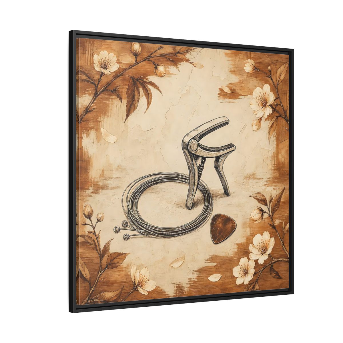 Side Mockup 6. Vintage Guitar Capo & Pick shown as framed canvas print