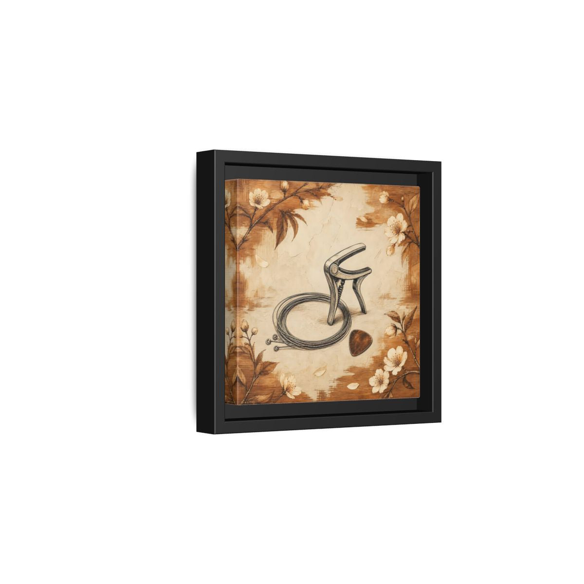 Side Mockup 3. Vintage Guitar Capo & Pick shown as framed canvas print