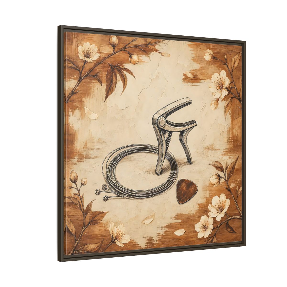 Side Mockup 5. Vintage Guitar Capo & Pick shown as framed canvas print