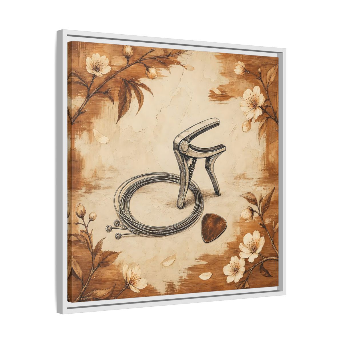 Side Mockup 26. Vintage Guitar Capo & Pick shown as framed canvas print