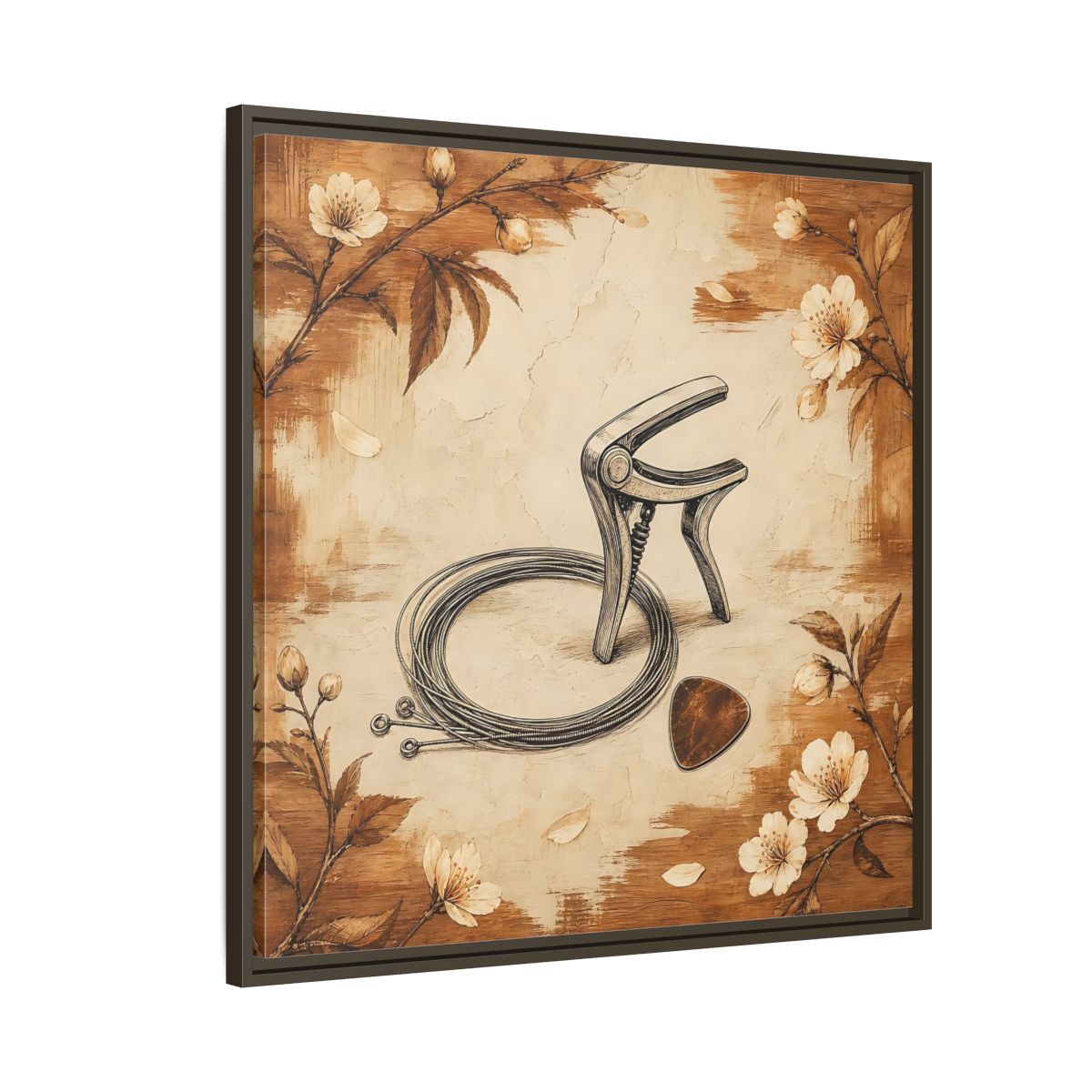 Side Mockup 8. Vintage Guitar Capo & Pick shown as framed canvas print