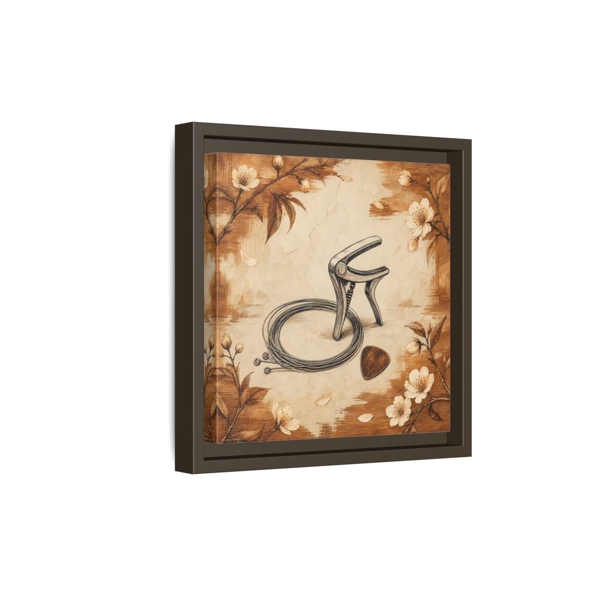 Side Mockup 20. Vintage Guitar Capo & Pick shown as framed canvas print