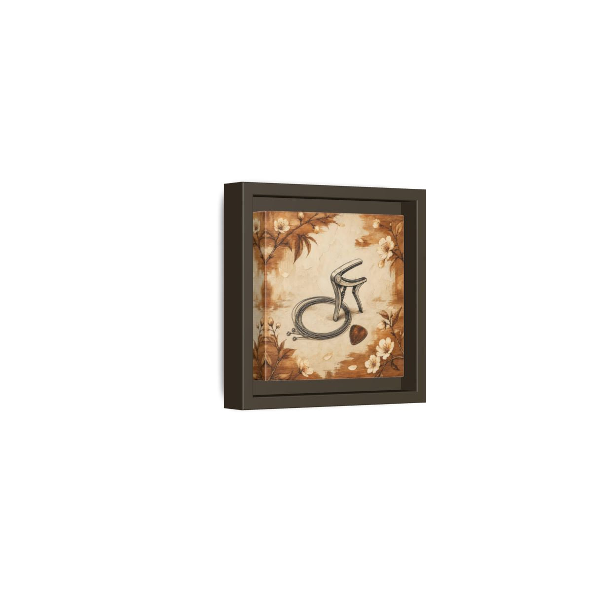 Side Mockup 23. Vintage Guitar Capo & Pick shown as framed canvas print