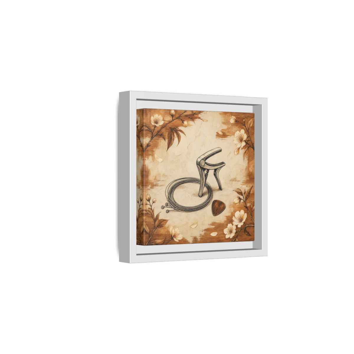 Side Mockup 1. Vintage Guitar Capo & Pick shown as framed canvas print
