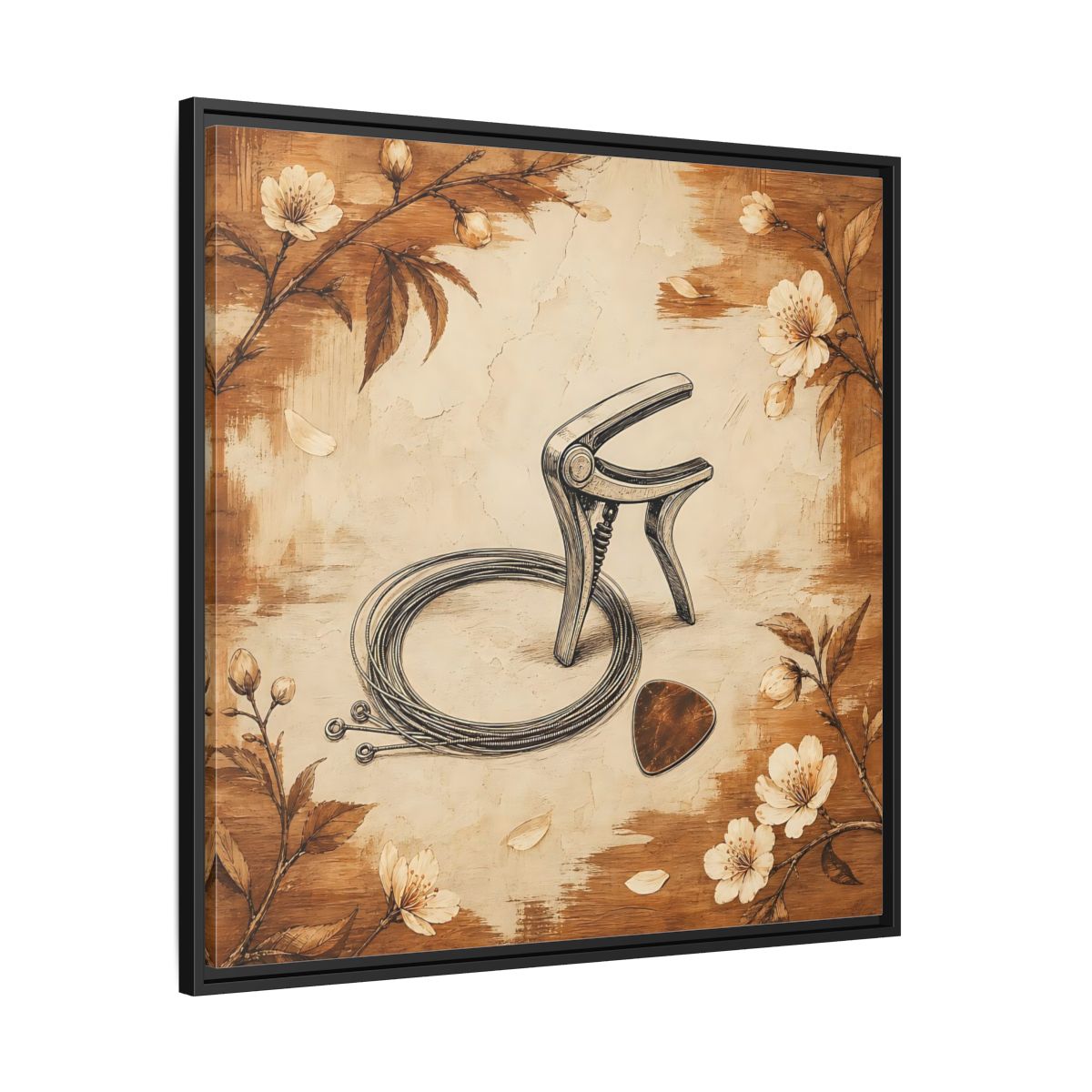 Side Mockup 30. Vintage Guitar Capo & Pick shown as framed canvas print
