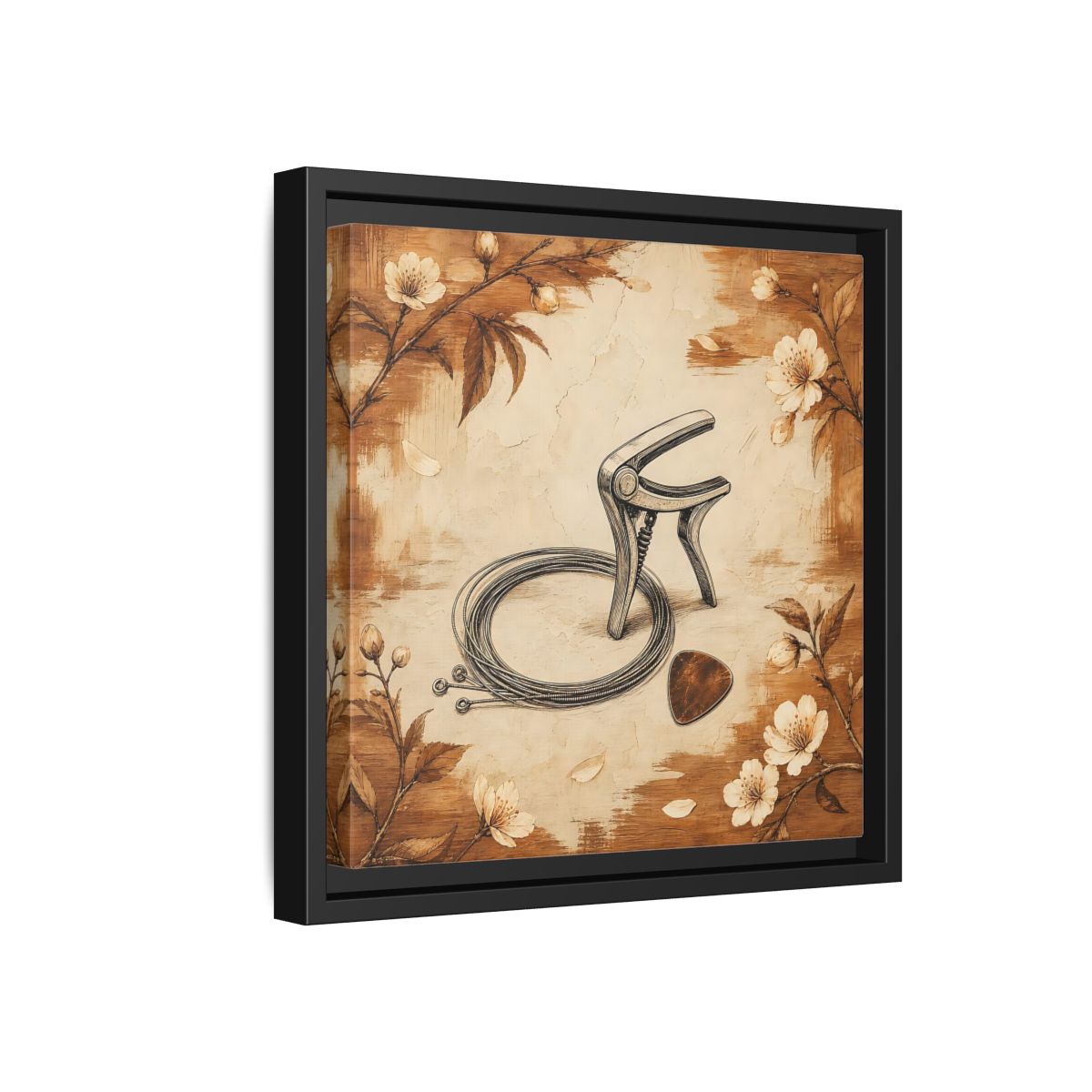 Side Mockup 18. Vintage Guitar Capo & Pick shown as framed canvas print