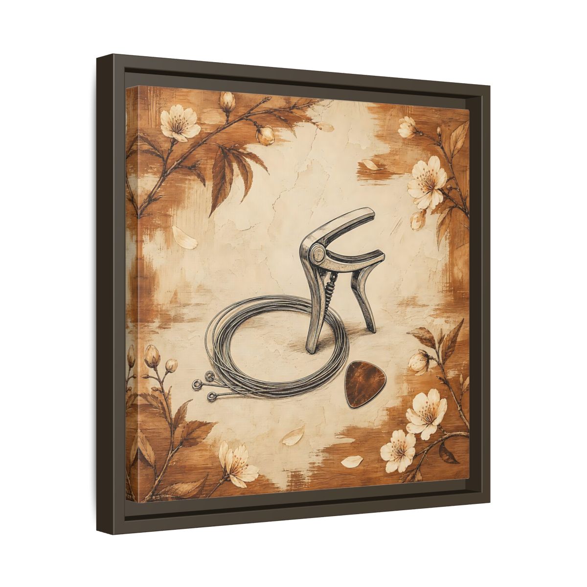 Side Mockup 29. Vintage Guitar Capo & Pick shown as framed canvas print