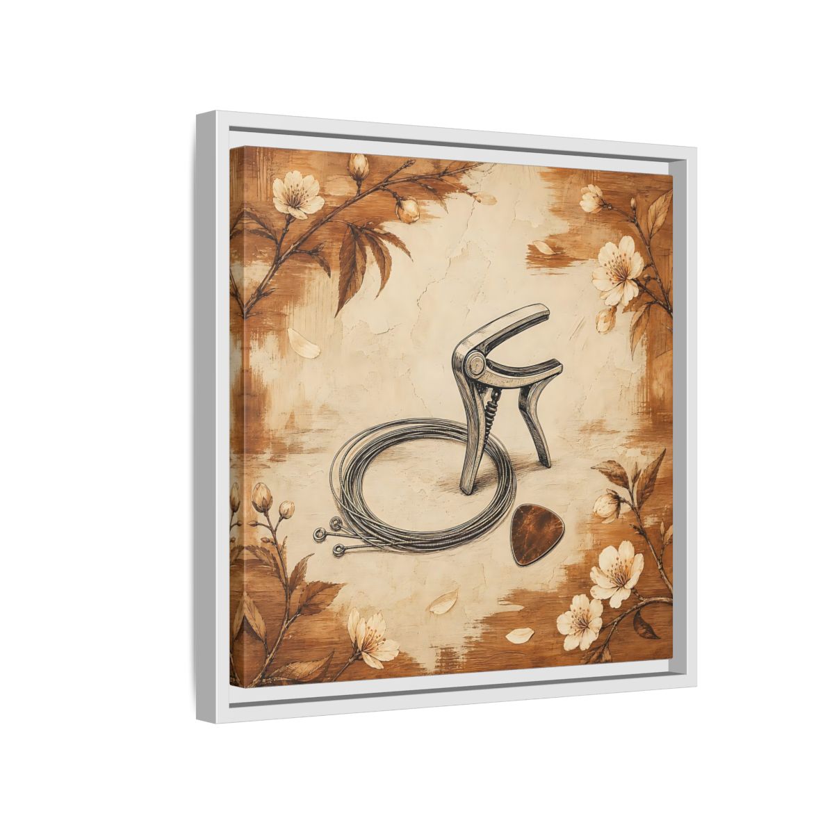 Side Mockup 13. Vintage Guitar Capo & Pick shown as framed canvas print