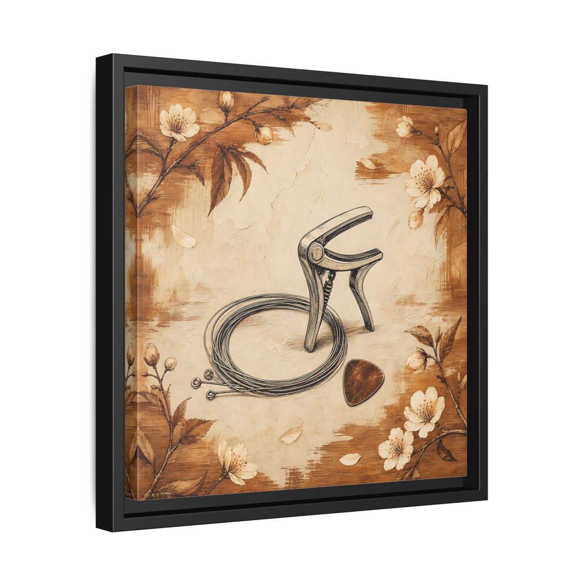 Side Mockup 32. Vintage Guitar Capo & Pick shown as framed canvas print