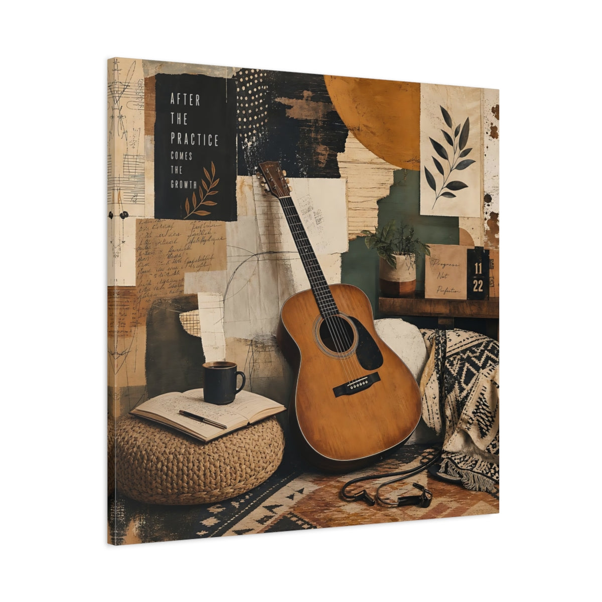 Main Mockup. Vintage Guitar Earthy Tones shown as canvas print
