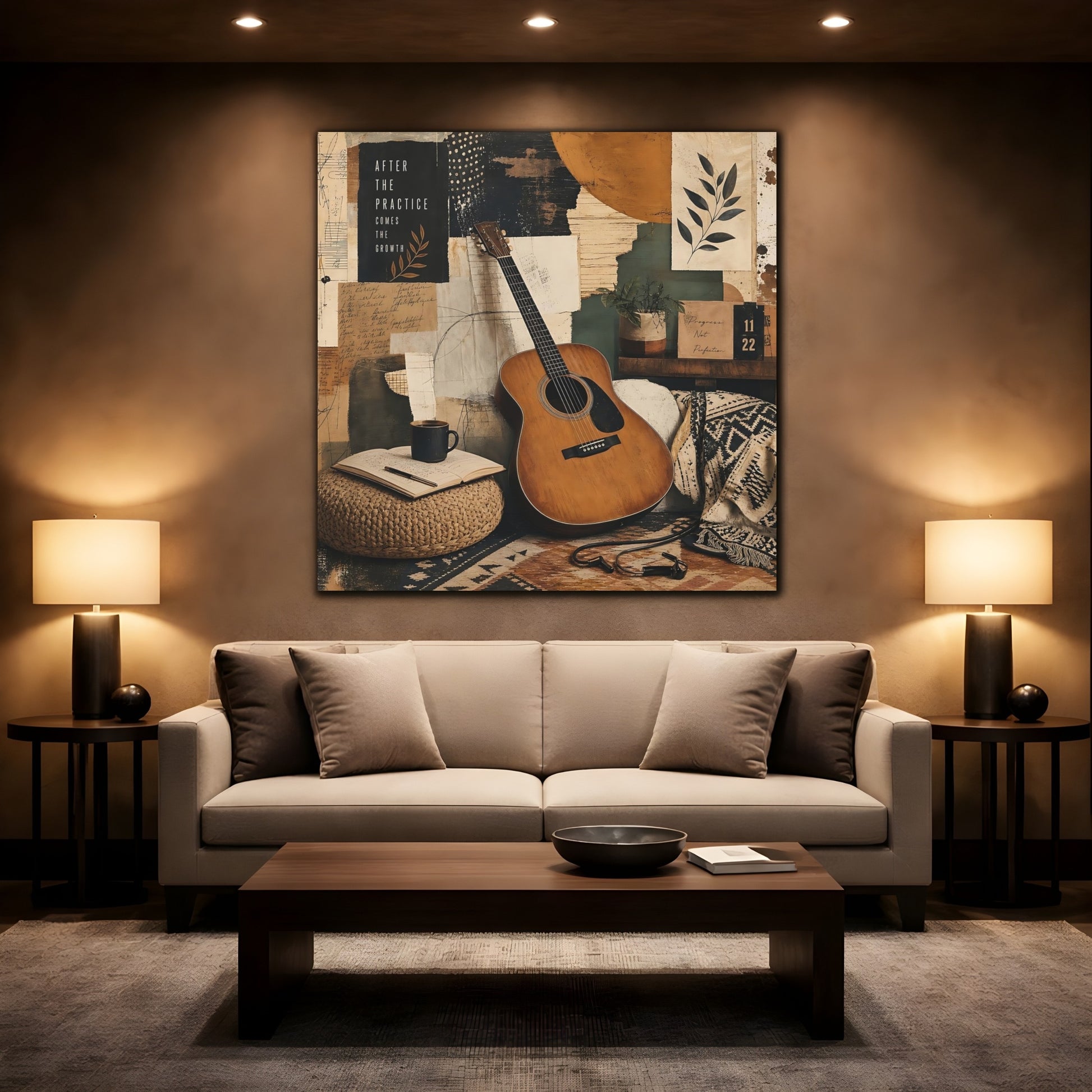 Mockup 2. Vintage Guitar Earthy Tones shown as canvas print