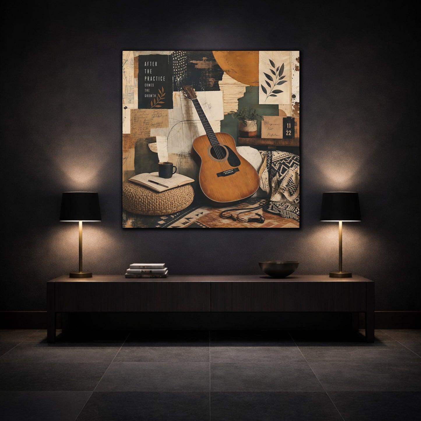Mockup 3. Vintage Guitar Earthy Tones shown as canvas print