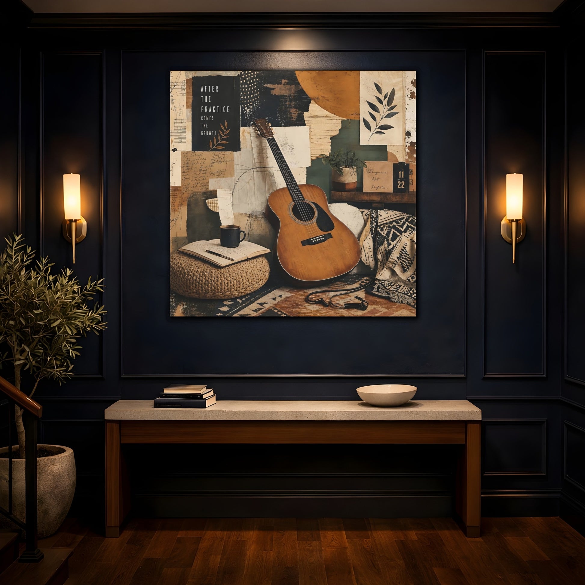 Mockup 4. Vintage Guitar Earthy Tones shown as canvas print