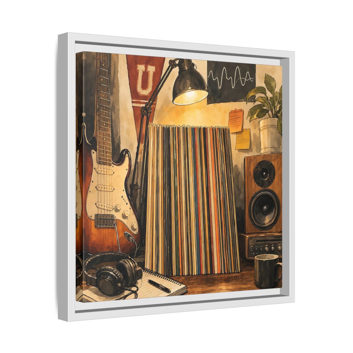 Side Mockup 28. Vintage Guitar Vintage Music shown as framed canvas print