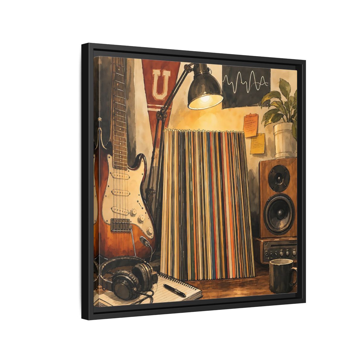 Side Mockup 12. Vintage Guitar Vintage Music shown as framed canvas print