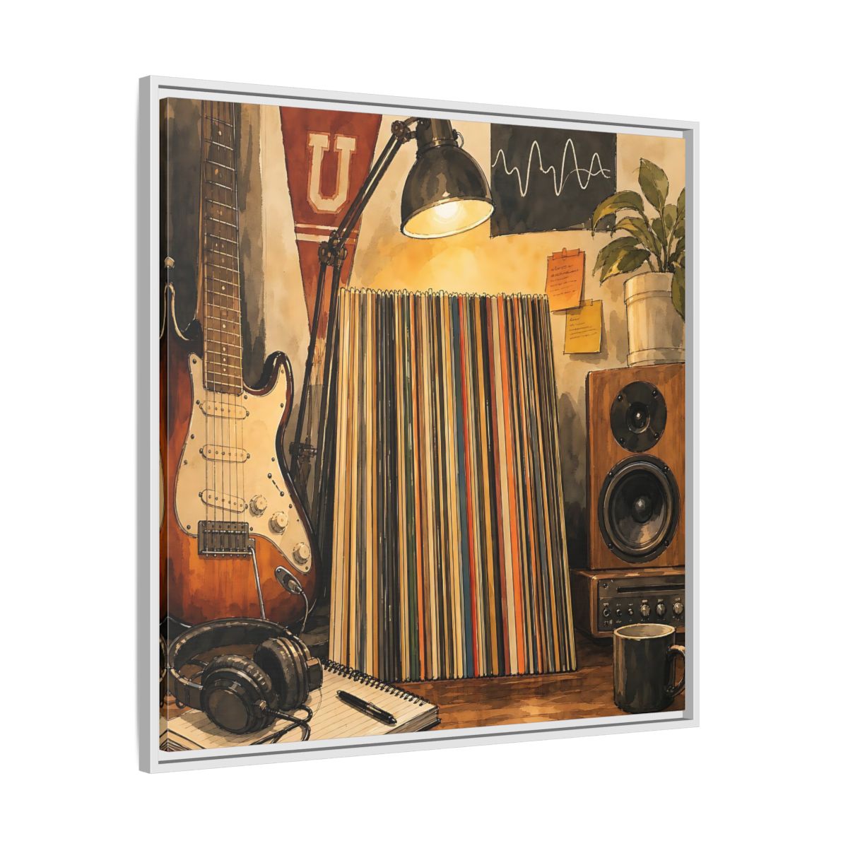 Side Mockup 25. Vintage Guitar Vintage Music shown as framed canvas print