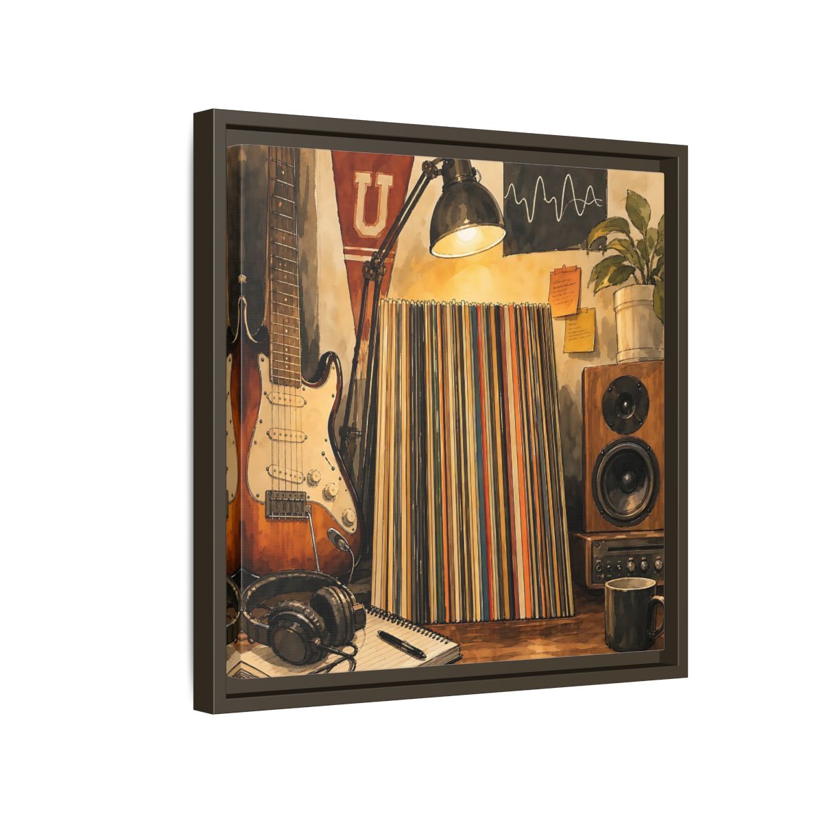 Side Mockup 14. Vintage Guitar Vintage Music shown as framed canvas print