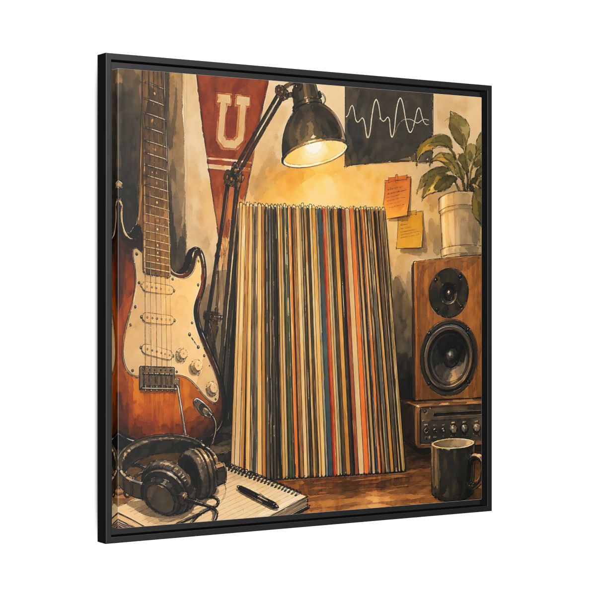 Side Mockup 30. Vintage Guitar Vintage Music shown as framed canvas print