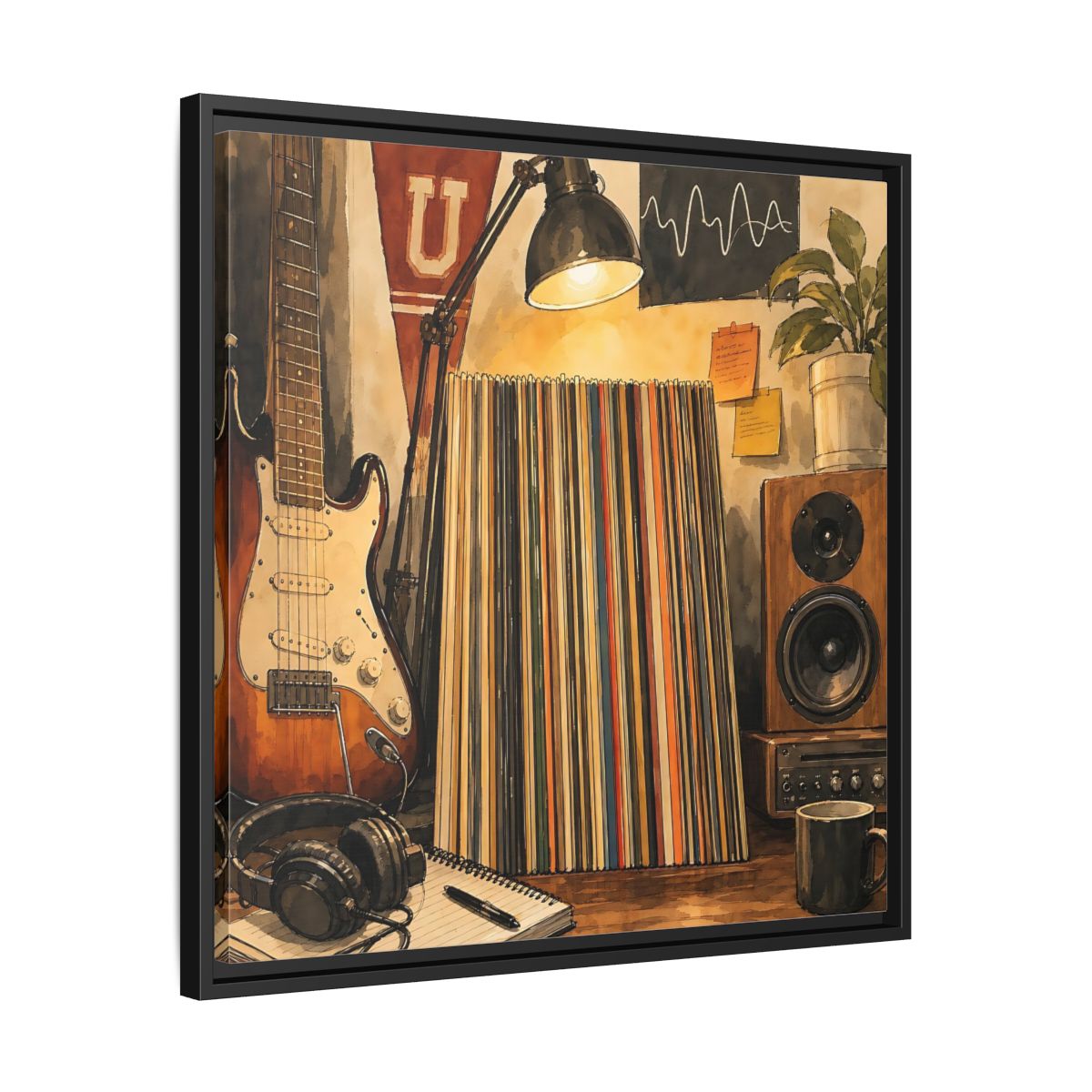 Side Mockup 31. Vintage Guitar Vintage Music shown as framed canvas print