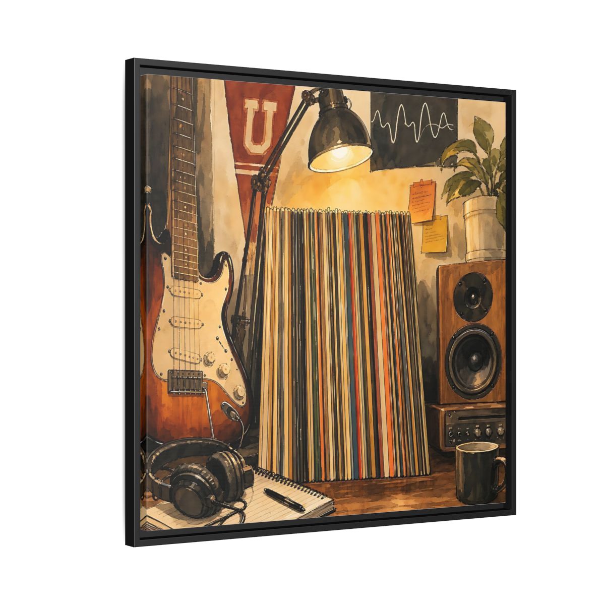 Side Mockup 9. Vintage Guitar Vintage Music shown as framed canvas print