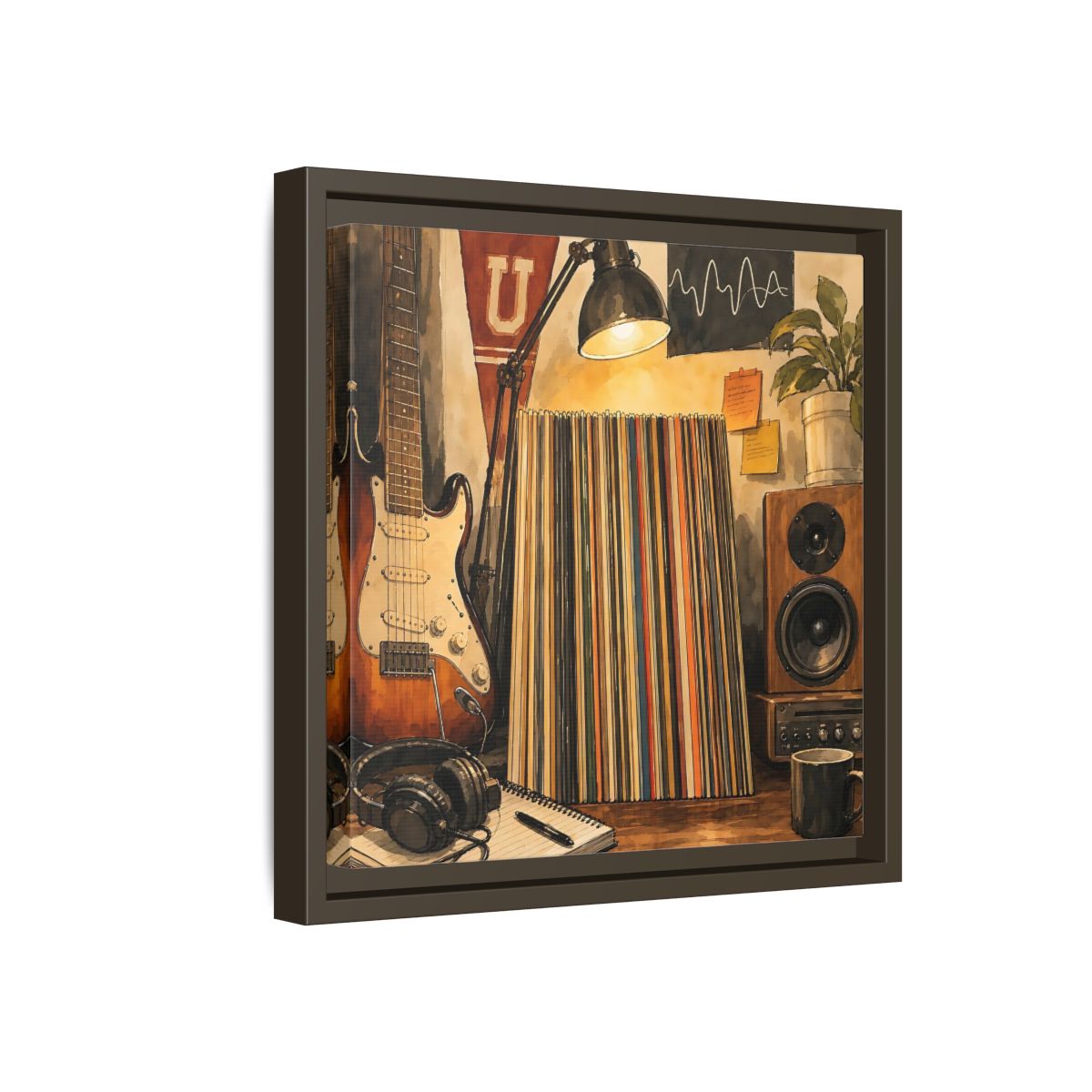 Side Mockup 17. Vintage Guitar Vintage Music shown as framed canvas print