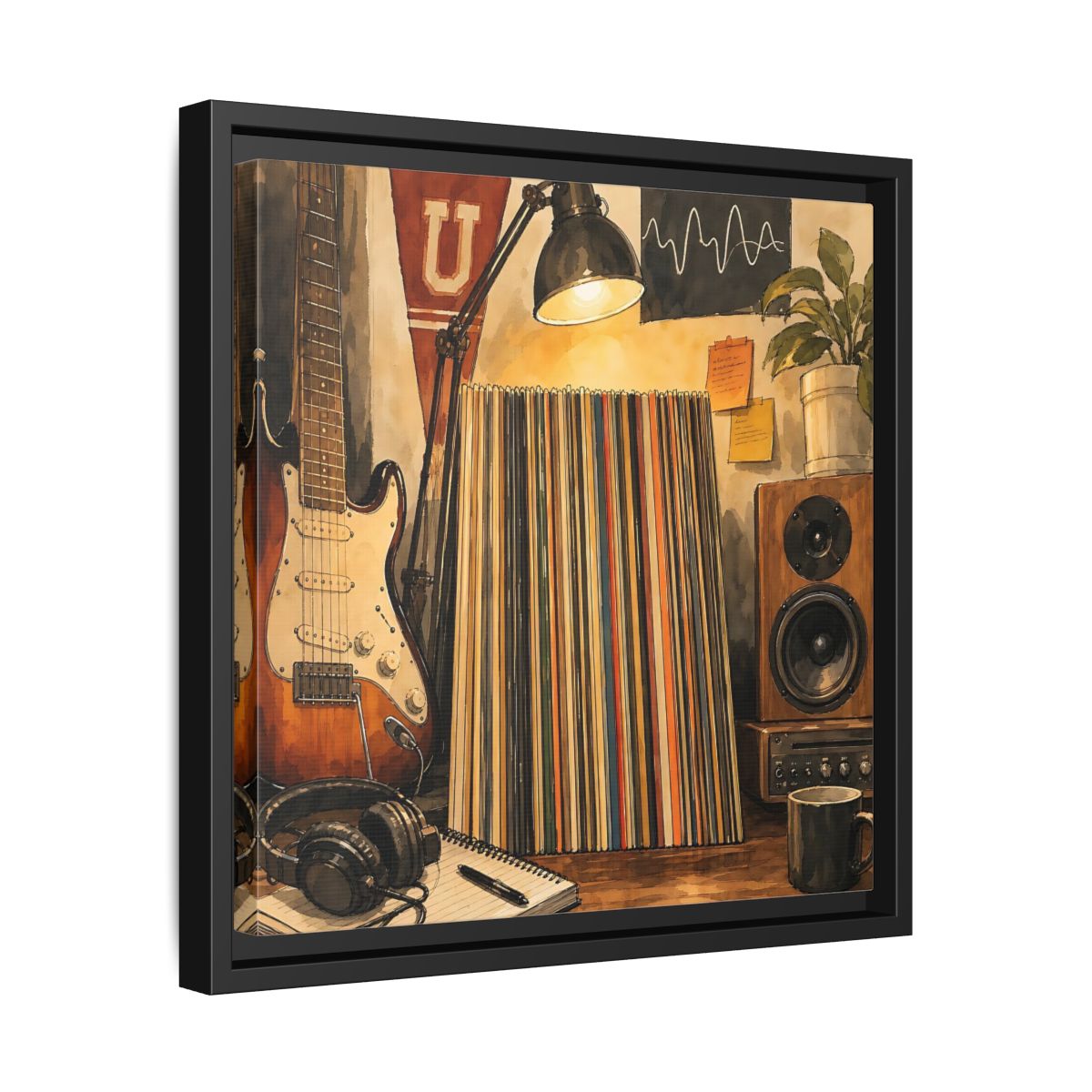 Side Mockup 32. Vintage Guitar Vintage Music shown as framed canvas print