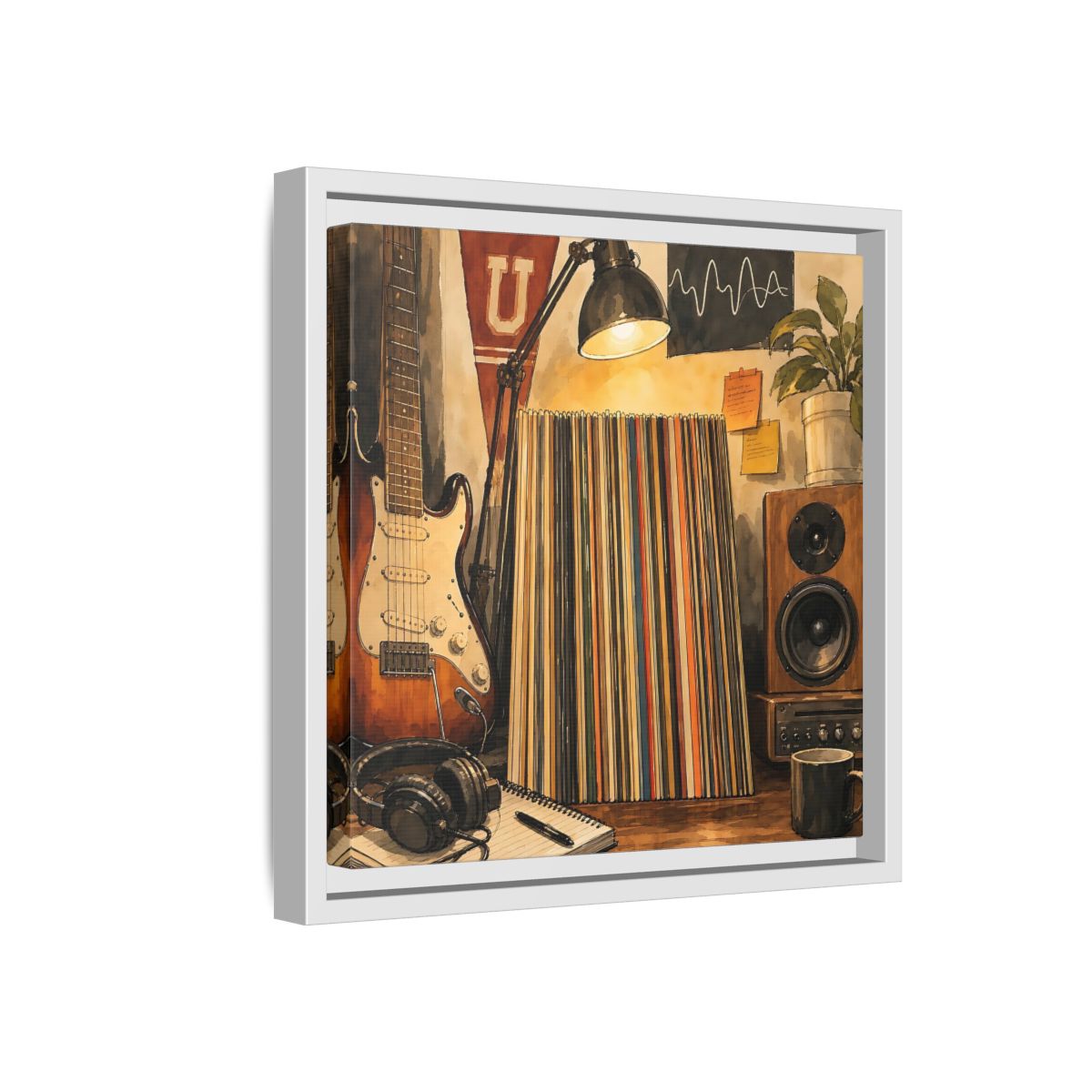 Side Mockup 16. Vintage Guitar Vintage Music shown as framed canvas print