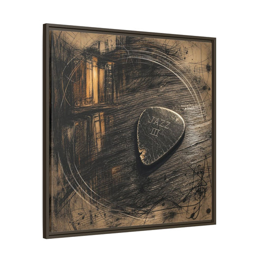 Main Mockup. Vintage Guitar Pick Brown Jazz Art shown as framed canvas print