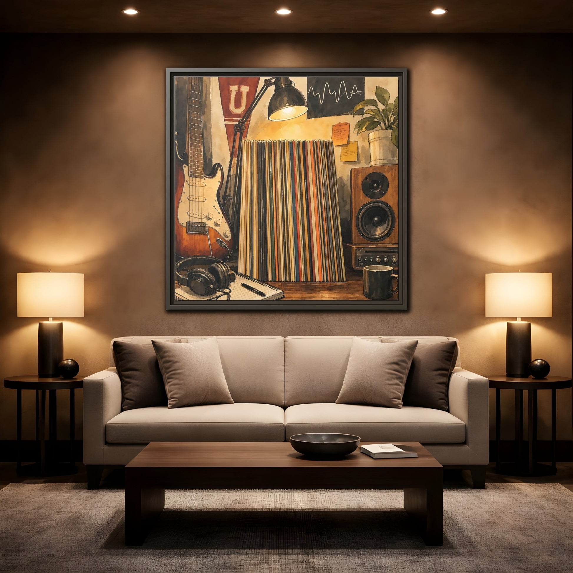 Mockup 2. Vintage Guitar Vintage Music shown as framed canvas print