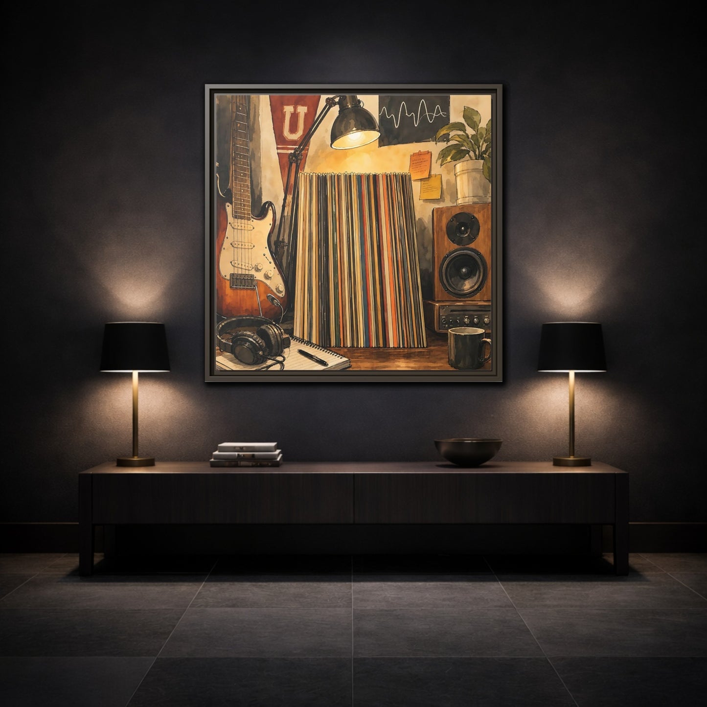 Mockup 3. Vintage Guitar Vintage Music shown as framed canvas print
