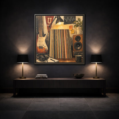 Mockup 3. Vintage Guitar Vintage Music shown as framed canvas print