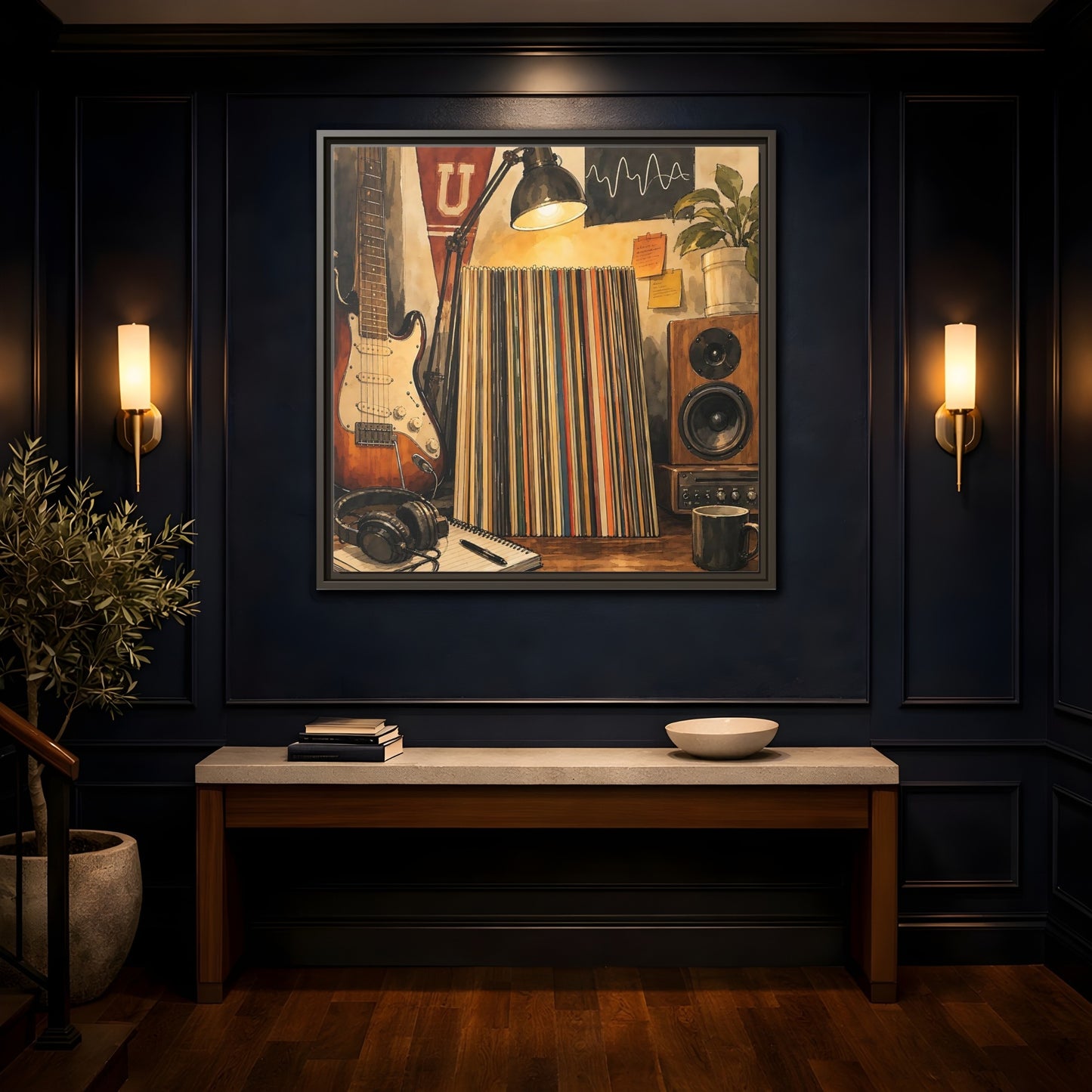 Mockup 4. Vintage Guitar Vintage Music shown as framed canvas print