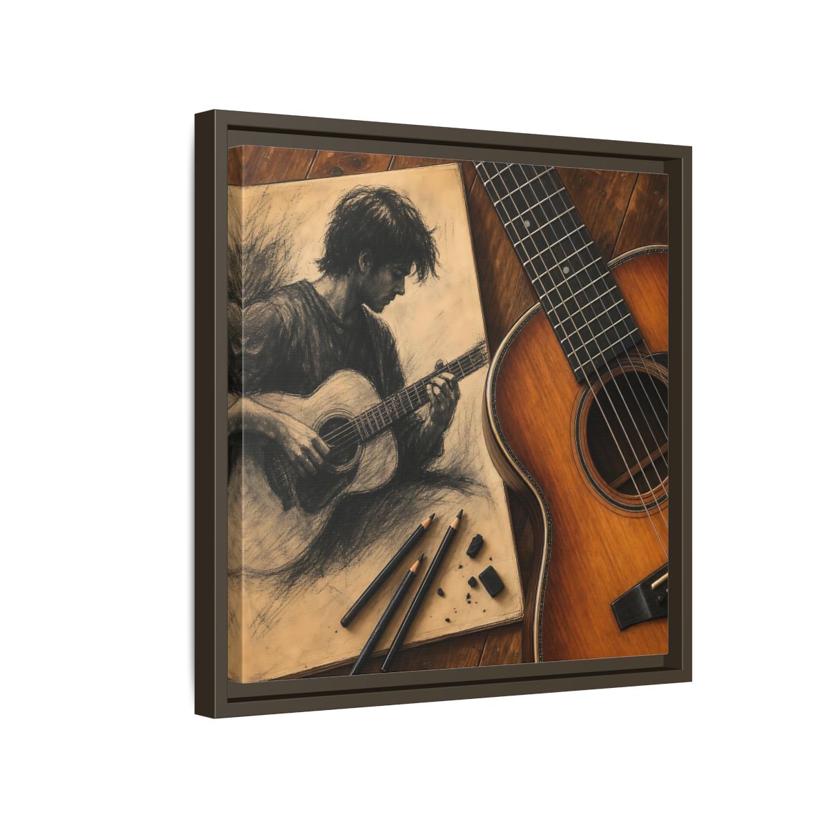 Side Mockup 14. Vintage Guitarist Brown And Black shown as framed canvas print