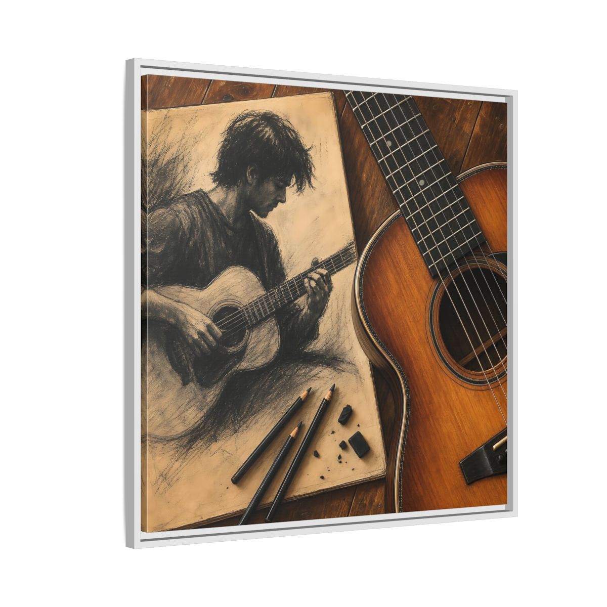 Side Mockup 7. Vintage Guitarist Brown And Black shown as framed canvas print