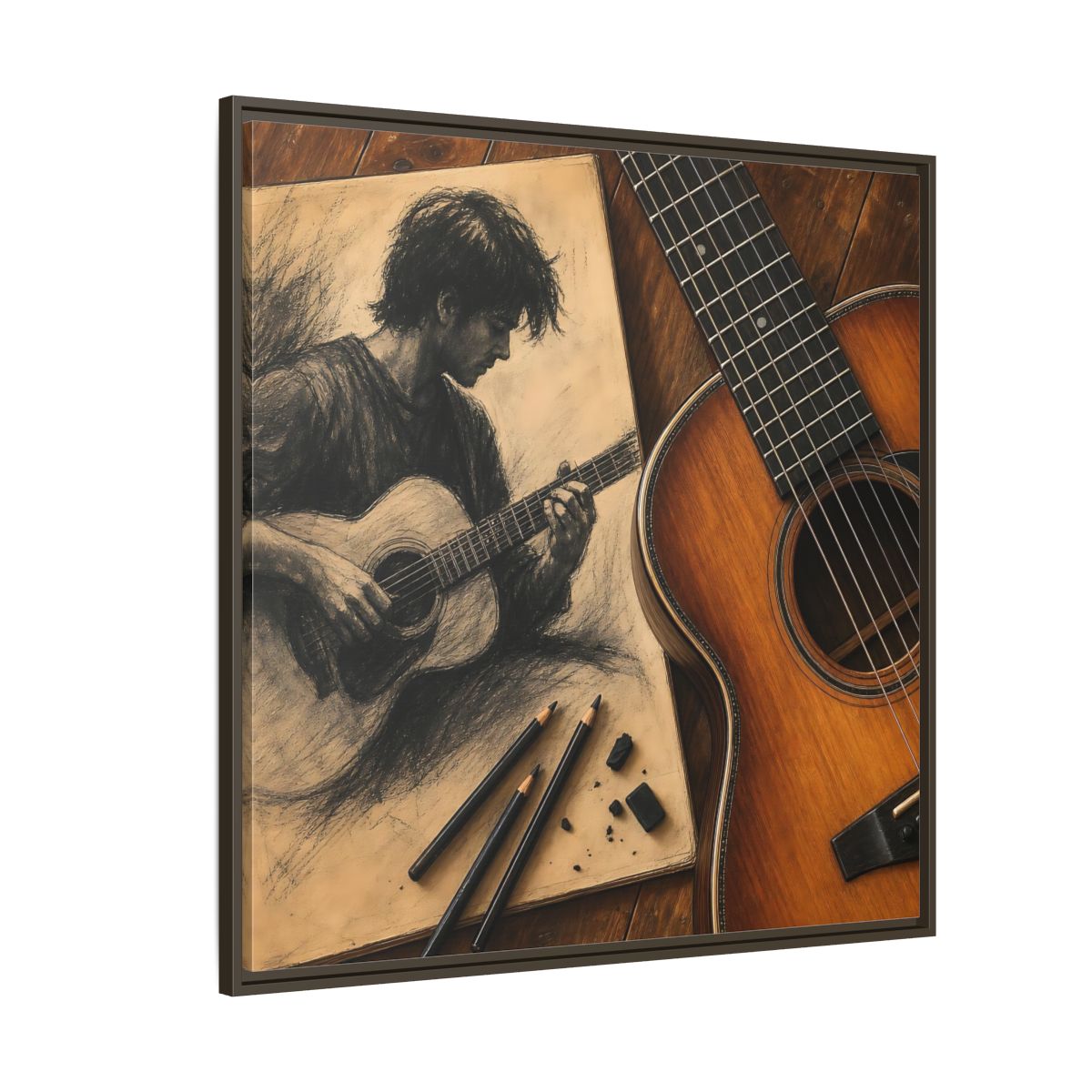 Side Mockup 5. Vintage Guitarist Brown And Black shown as framed canvas print