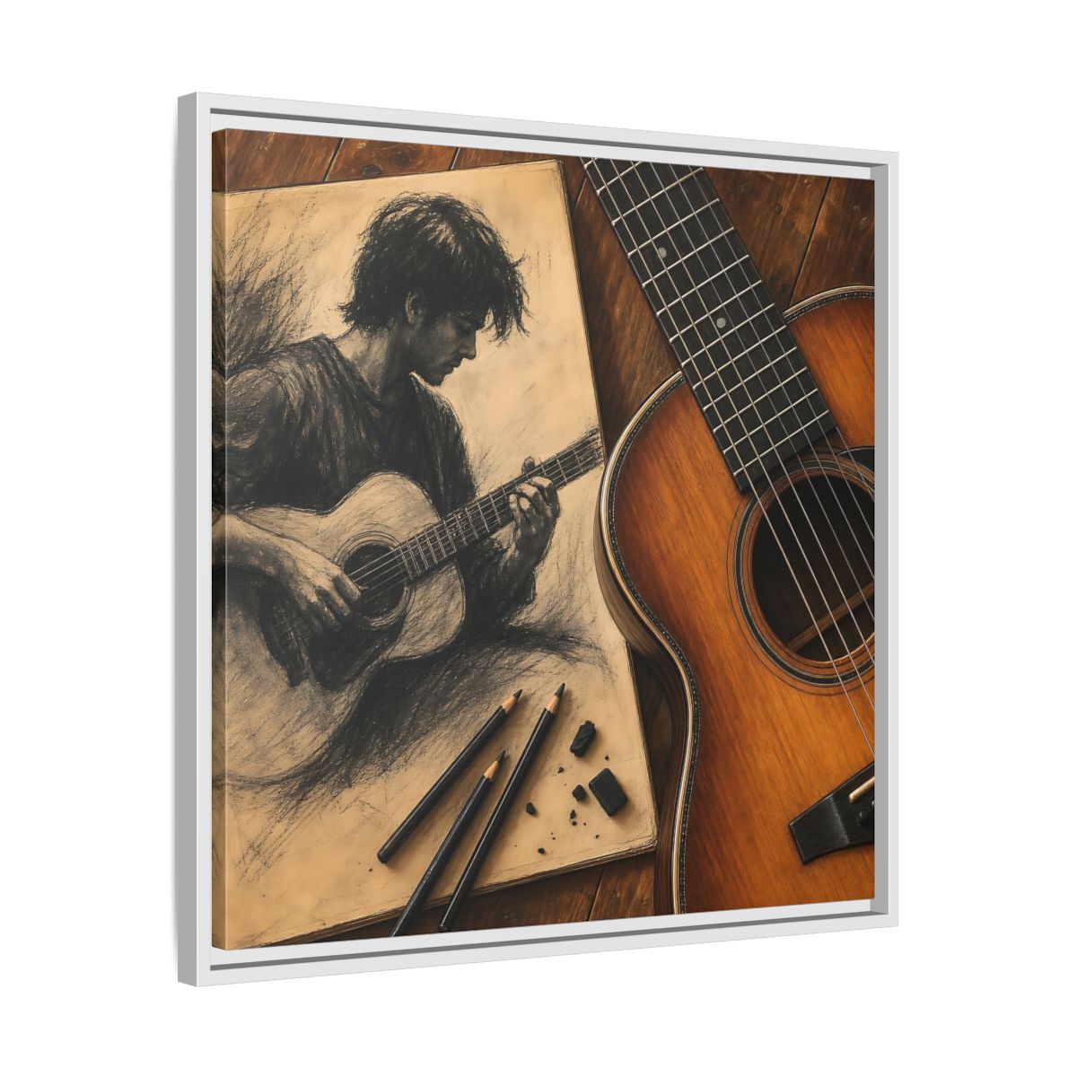 Side Mockup 26. Vintage Guitarist Brown And Black shown as framed canvas print
