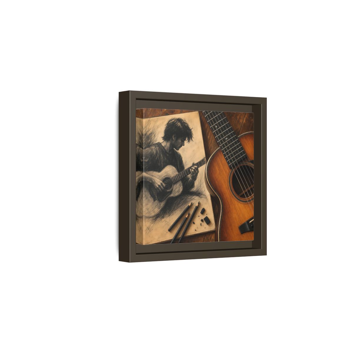 Side Mockup 2. Vintage Guitarist Brown And Black shown as framed canvas print