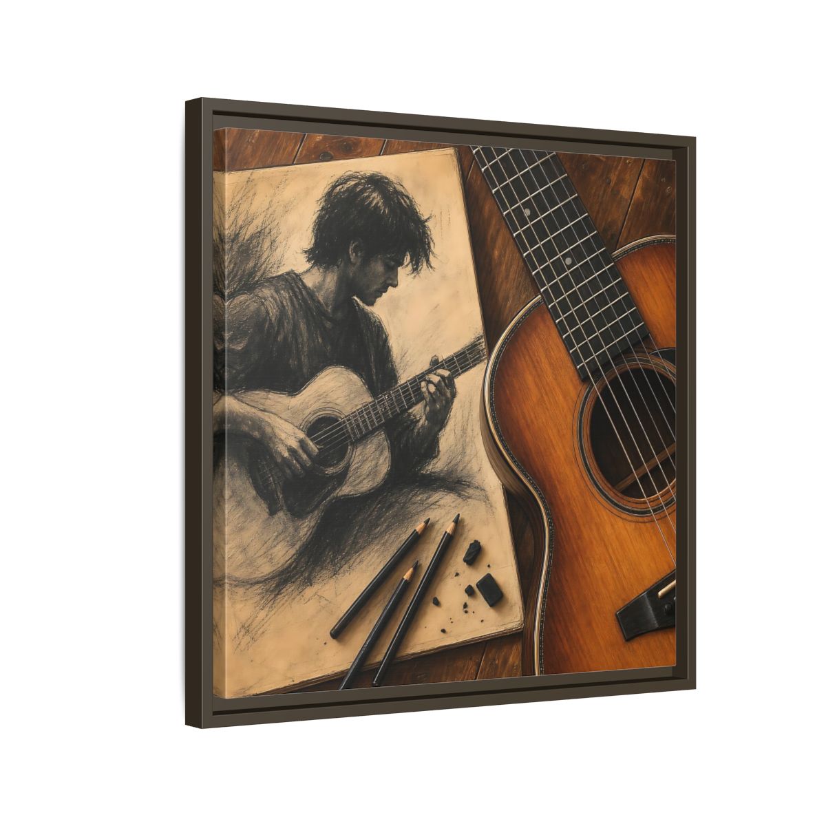 Side Mockup 11. Vintage Guitarist Brown And Black shown as framed canvas print