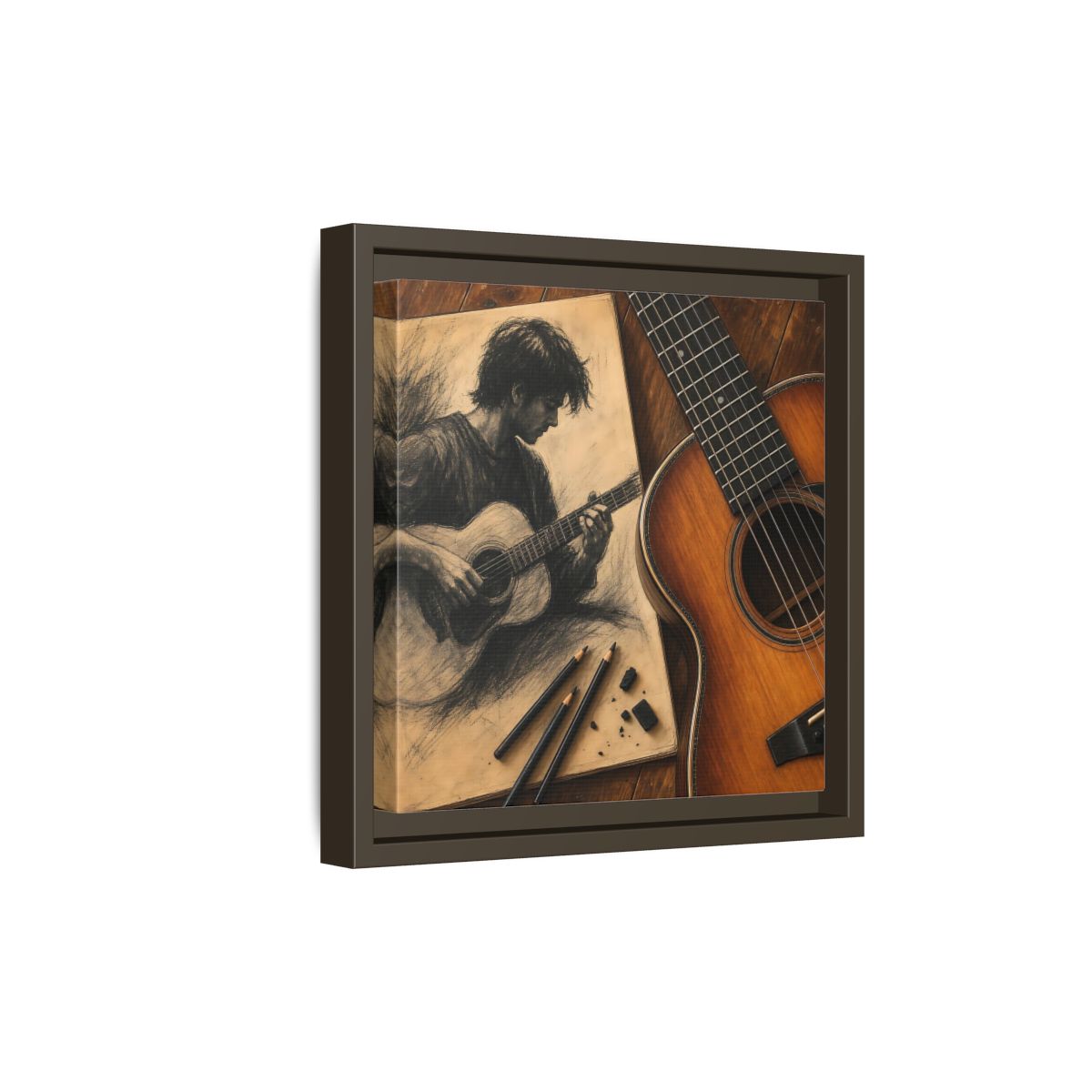 Side Mockup 20. Vintage Guitarist Brown And Black shown as framed canvas print