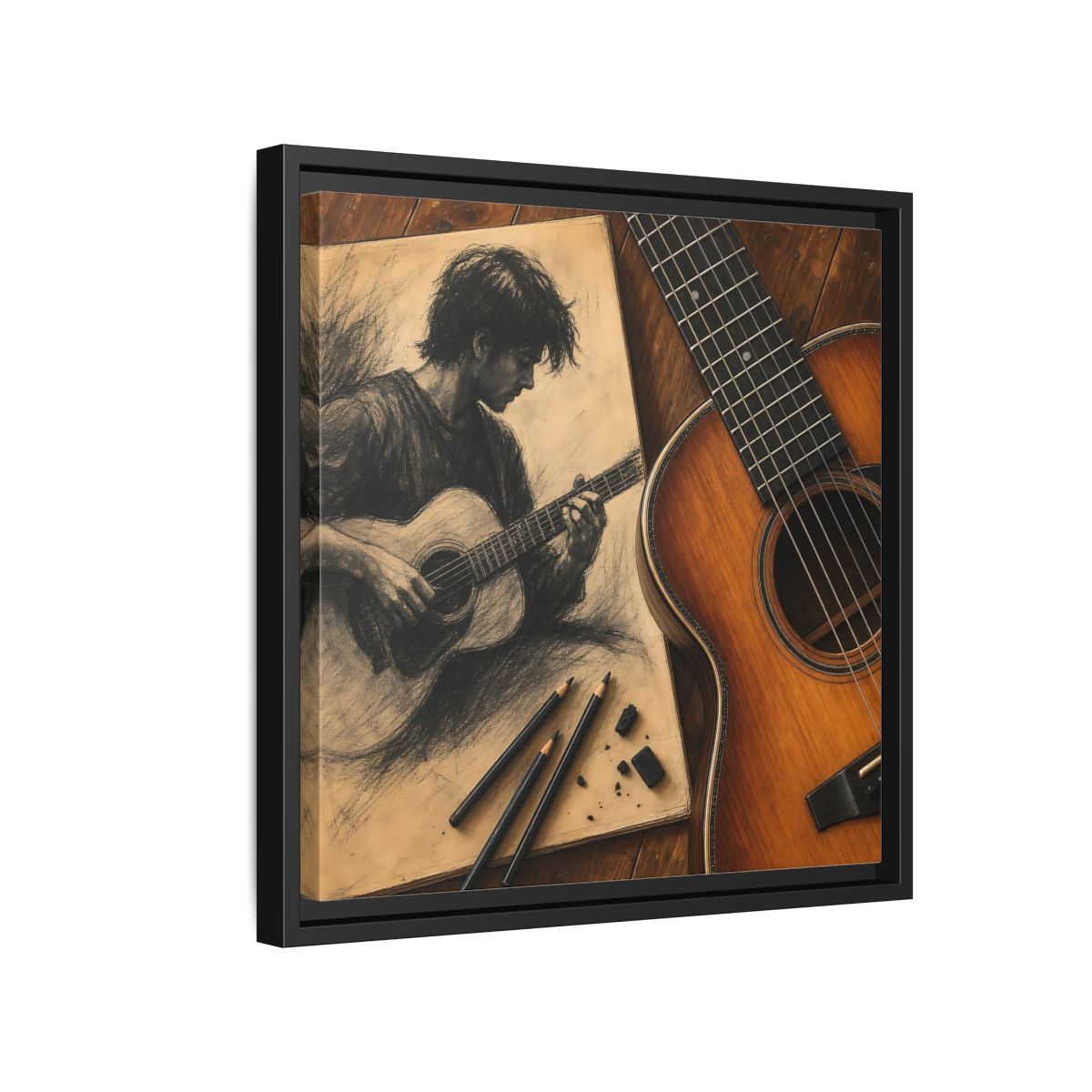 Side Mockup 15. Vintage Guitarist Brown And Black shown as framed canvas print