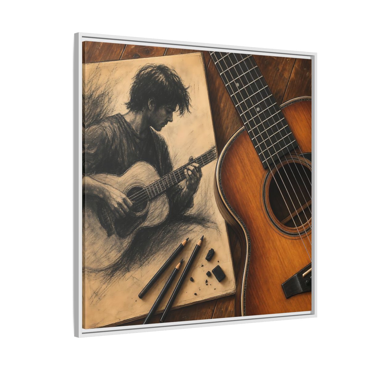 Side Mockup 4. Vintage Guitarist Brown And Black shown as framed canvas print