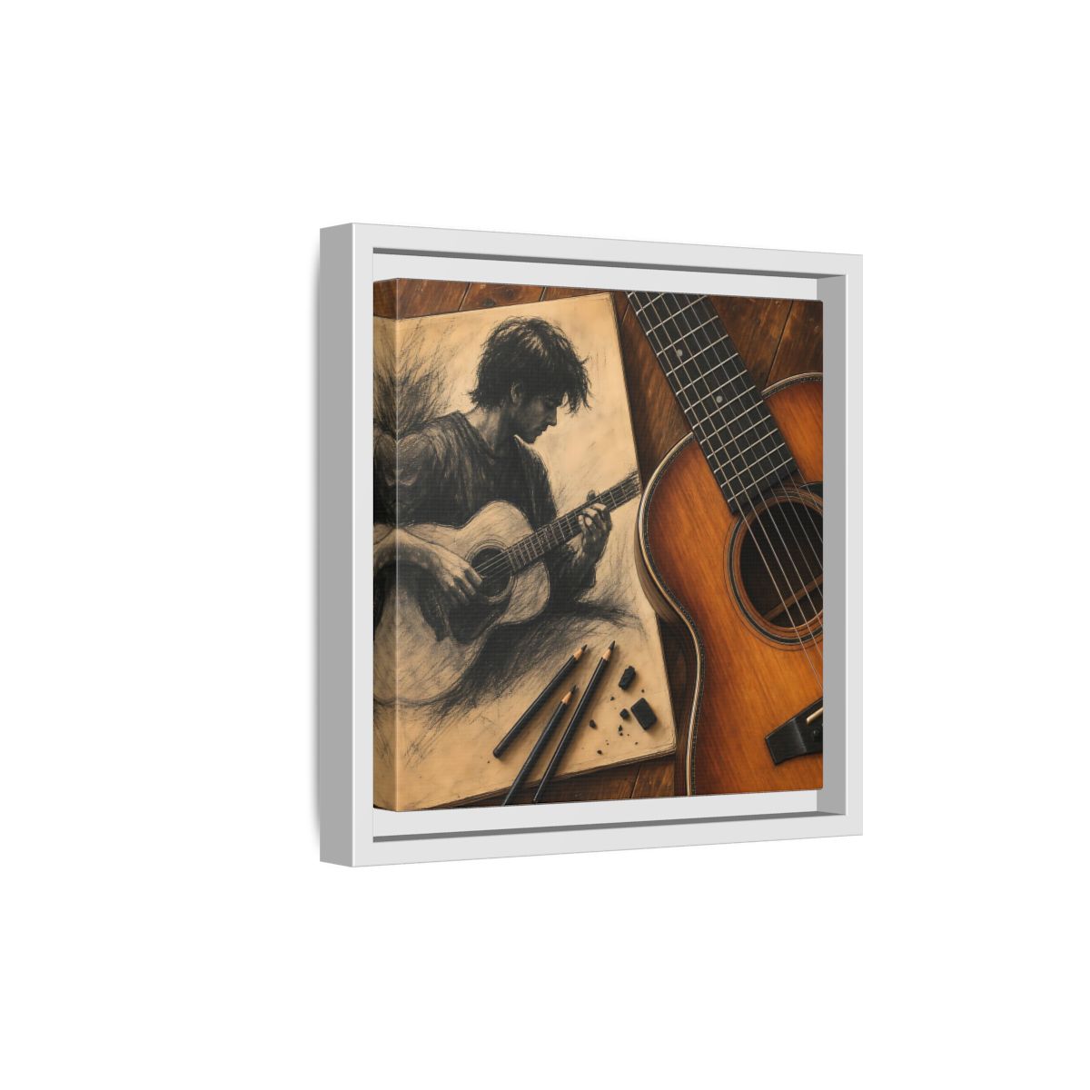 Side Mockup 19. Vintage Guitarist Brown And Black shown as framed canvas print