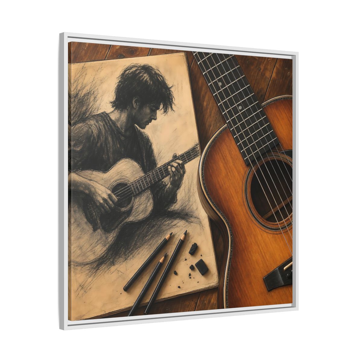 Side Mockup 25. Vintage Guitarist Brown And Black shown as framed canvas print