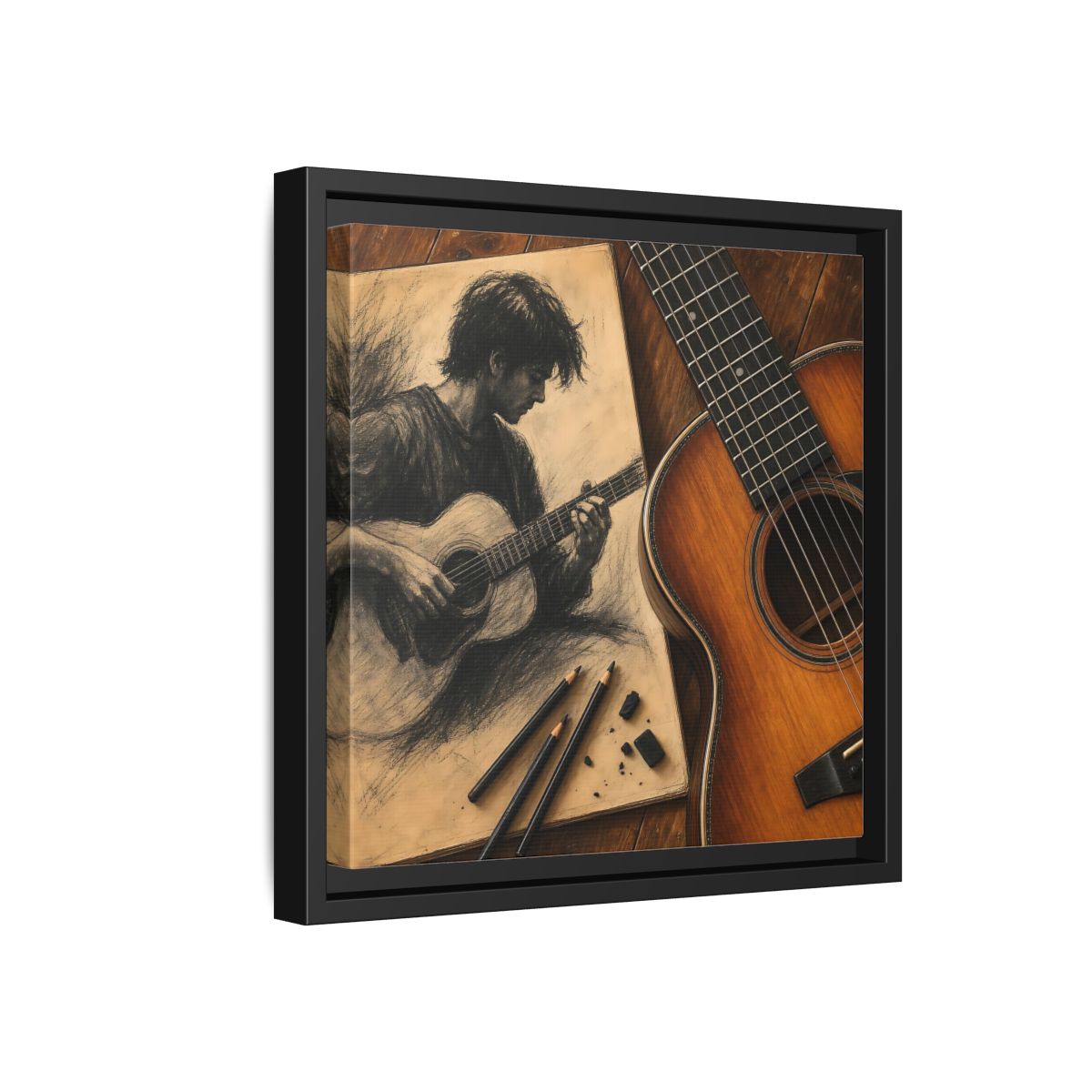 Side Mockup 18. Vintage Guitarist Brown And Black shown as framed canvas print