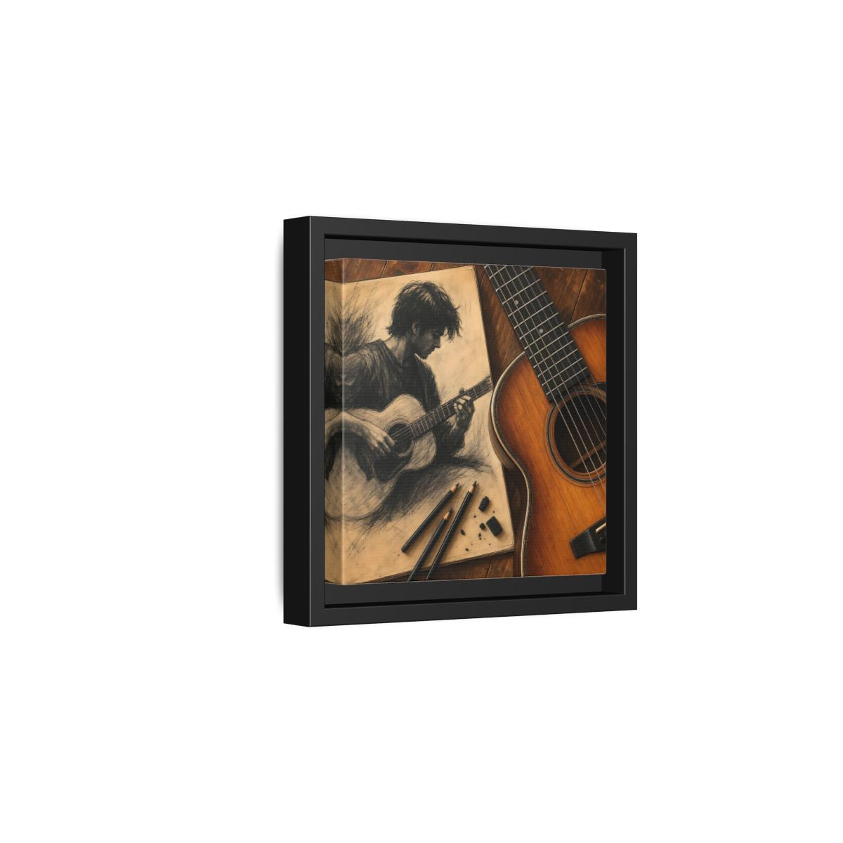 Side Mockup 3. Vintage Guitarist Brown And Black shown as framed canvas print